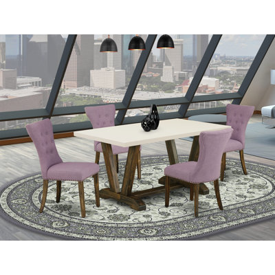 Ensemble de table 5 pièces Mid-Century composé d'une table en bois blanc (blanc cassé) et de 4 chaises rembourrées en tissu Dahlia - finition jacobine patinée