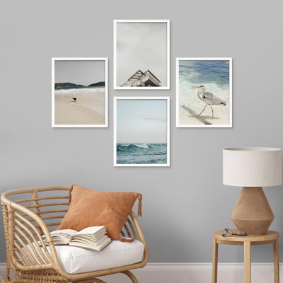 «Seascape Storm Cloud», ensemble de 4 impressions de décorations murales en forme de mouettes délavées, encadrées sur papier, 4 pièces