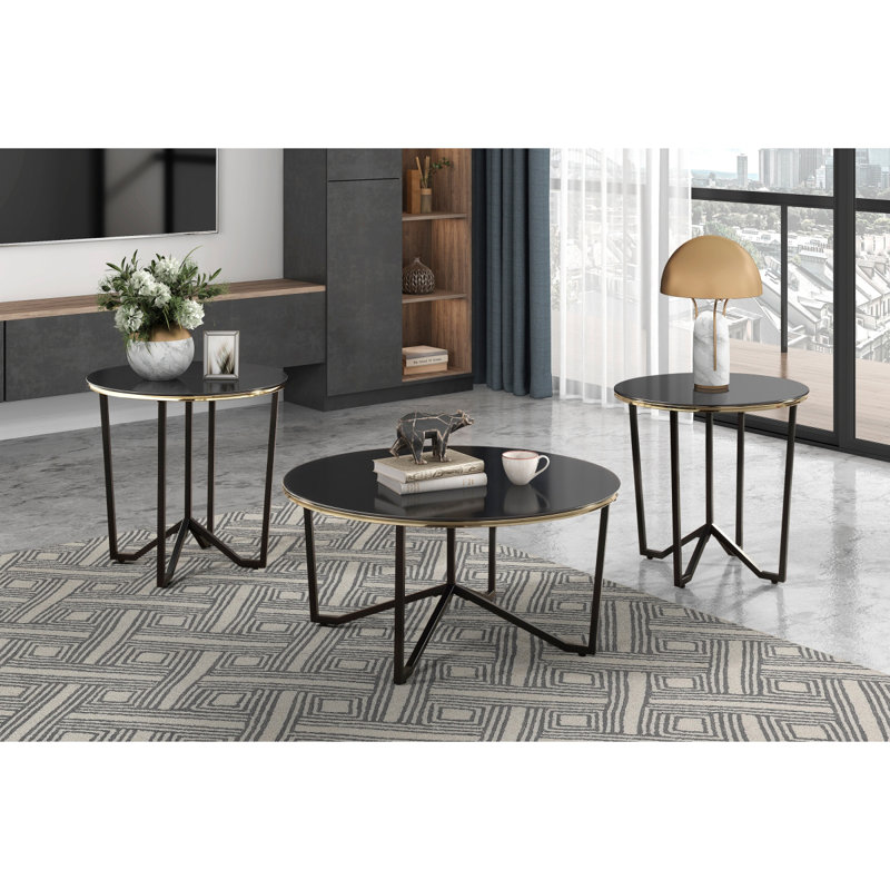 Table basse ronde et tables de bout, ensemble de 3 pièces, plateau en verre trempé noir, cadre en métal, meubles de salon modernes