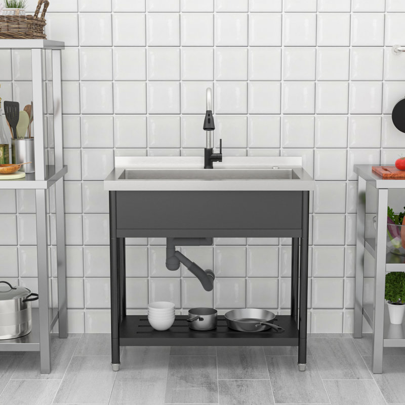 Commercial Stainless Steel Utility Sink with Faucet and Drain Laundry Sink Kitchen Yard Utility Sink, Black/Silver