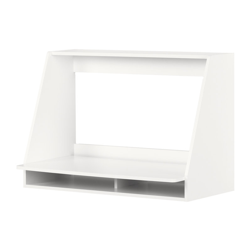 Pure White Wall Mounted Floating Desk with Open Storage Shelf