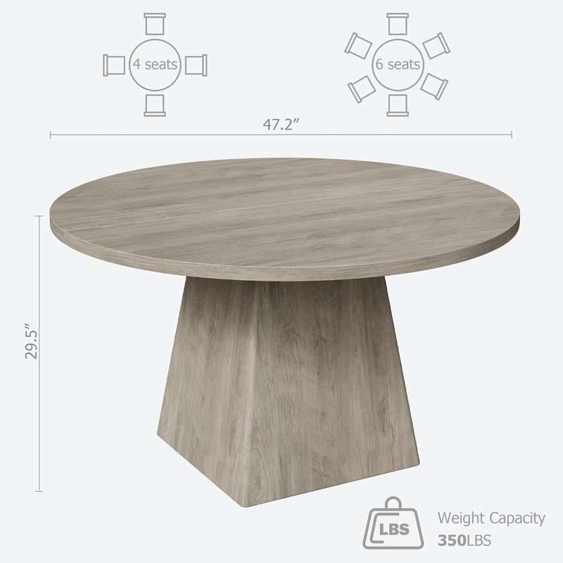 Table de salle à manger ronde de style campagnard de 47 pouces avec plateau épais et pied central carré, chaises rembourrées en tissu, dossier haut rembourré et pieds en bois massif