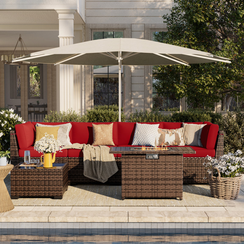 Ensemble de conversation modulaire en rotin pour 4 personnes avec coussins, Rouge, Oui