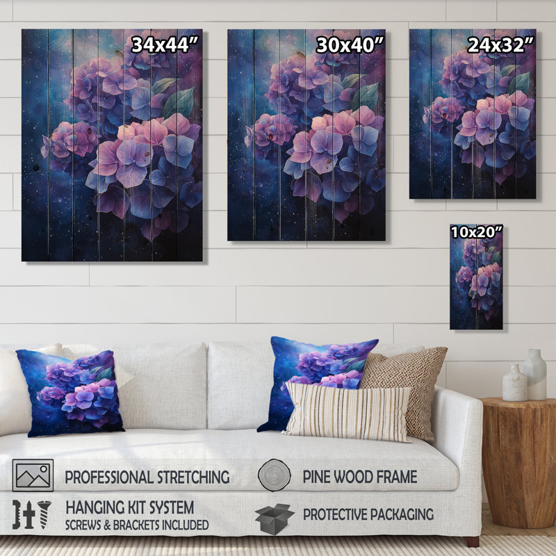 Hydrangea In Space - Hydrangea Wood Wall Art - On Natural Pine Wood, 20" H x 10" W x 0.78" D