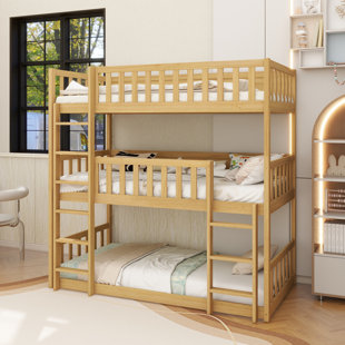 Lit superposé simple en bois d'hévéa simple, avec échelles, lit superposé détachable, double au-dessus d'un lit simple au-dessus d'un lit simple, naturel