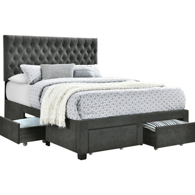 Full Storage Panel Bed In Grey Upholstery, Button - Headboard, Four Drawers For Clothing Upholstered Bed, Spacious Drawers, Solid Wood And , Slat Kit
