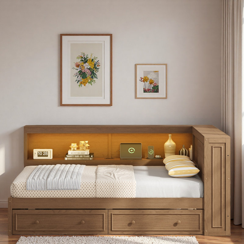 Lit de jour multiple avec tablettes de rangement, USB, DEL et 2 tiroirs, Bois antique
