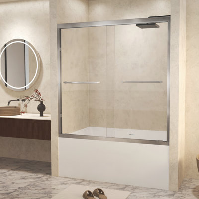 56-60" x 60" Tempered Glass with Explosion Proof Film, Aluminum Frame Double Sliding Shower Door, "1/4 (6 mm), Stainless Steel handle