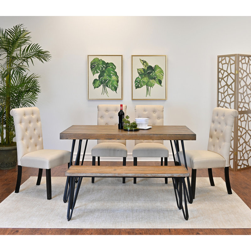 Ensemble de salle à manger 6 pièces Ashford, table de salle à manger en épingle à cheveux avec 4 chaises et banc, 4 options de couleur