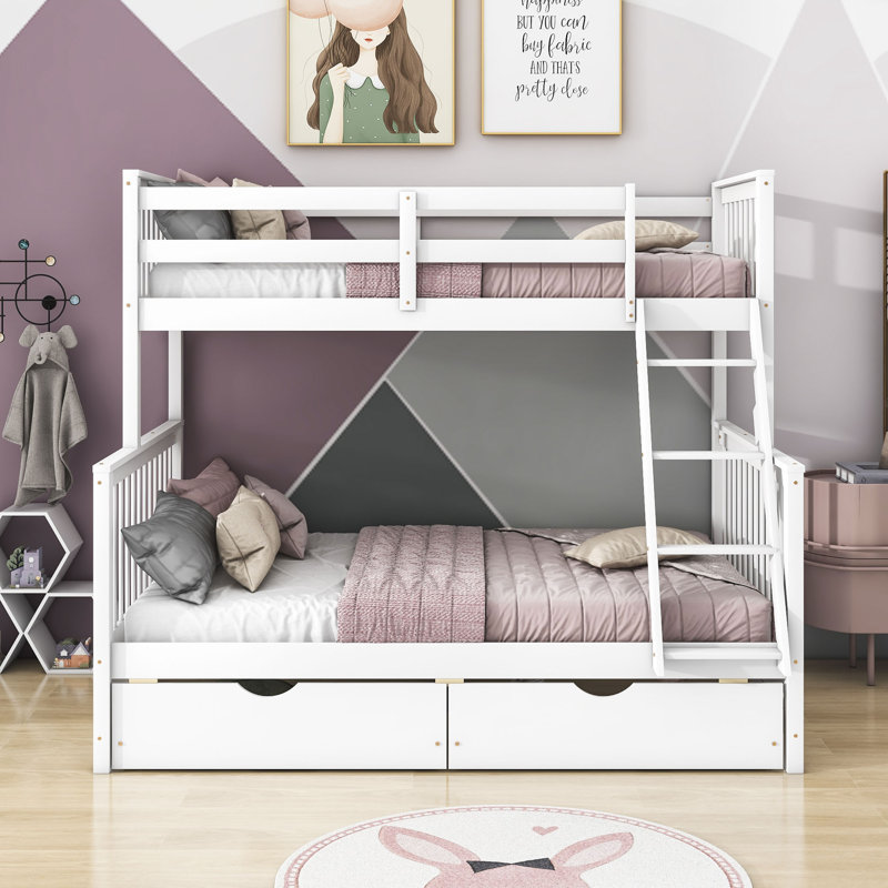 Lit superposé simple au dessus d'un lit double en bois avec 2 tiroirs, Blanc