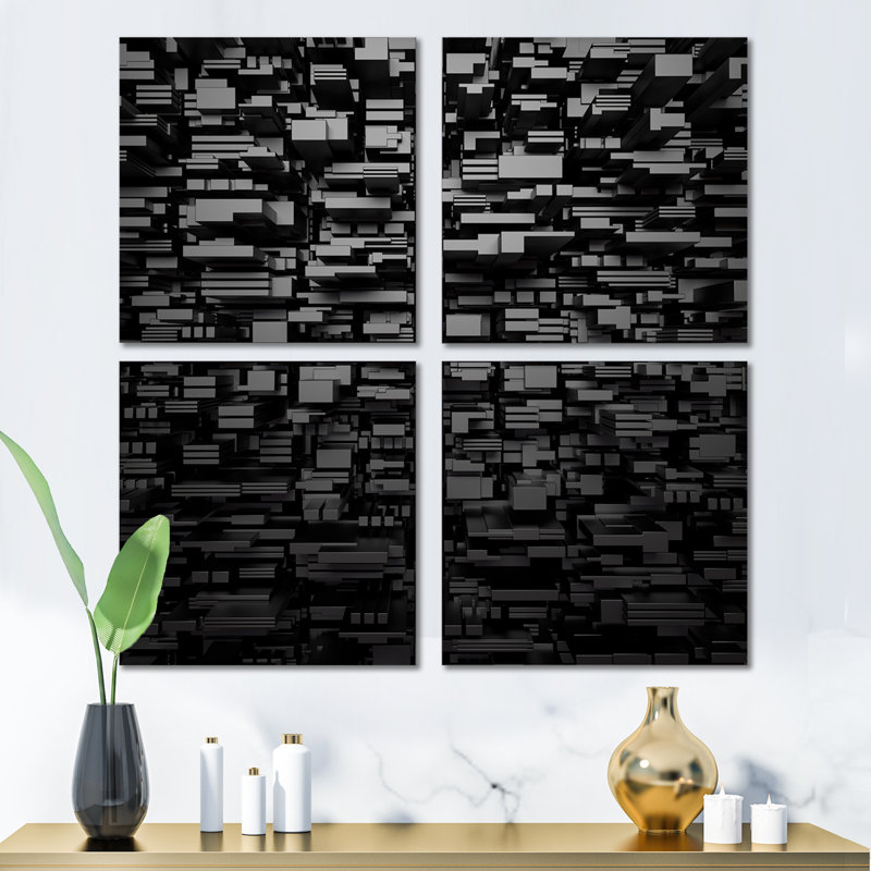 Ensemble de 4 reproductions d'art sur toile abstraites noires sur fond géométrique noir