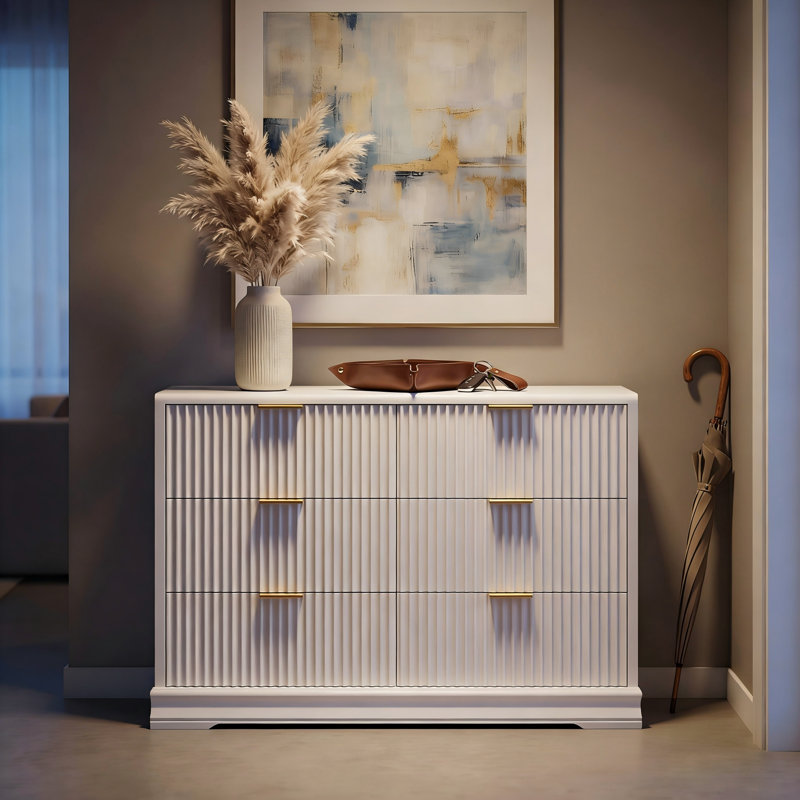 Commode cannelée à 6 tiroirs avec base en bois massif, Blanc