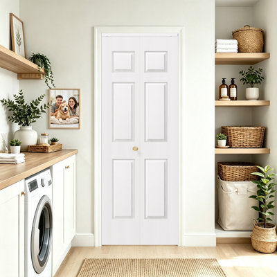 Porte pliante en bois manufacturé préfini à 6 panneaux, cadre de porte complet assorti inclus