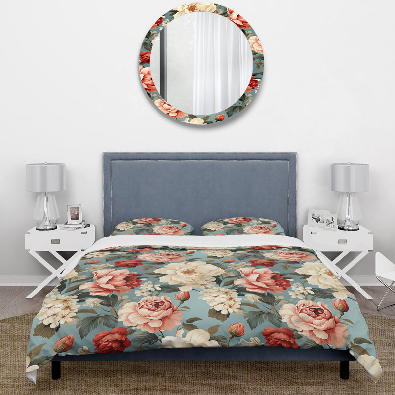 Ensemble de housse de couette rétro à motif floral rose et bleu II, Housse de couette pour très grand lit et 2 très
