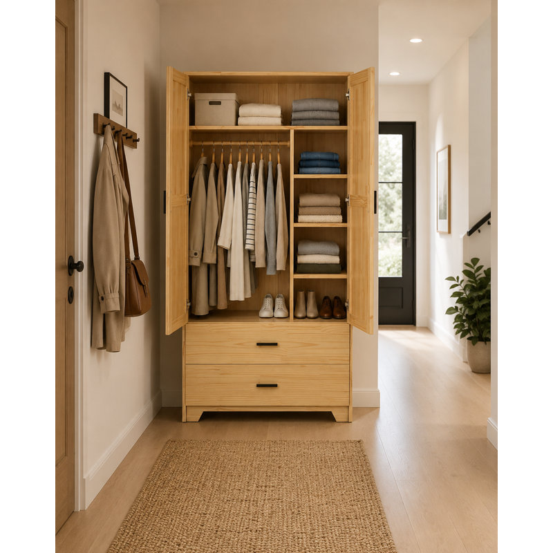 Armoire en bois massif avec 2 tiroirs en vernis naturel, Vernis naturel