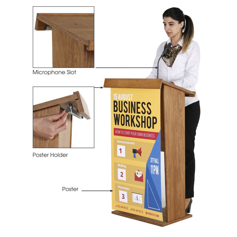 Dark Wood 45" Plywood Floor-Standing Podium with Shelf and Microphone Slot
