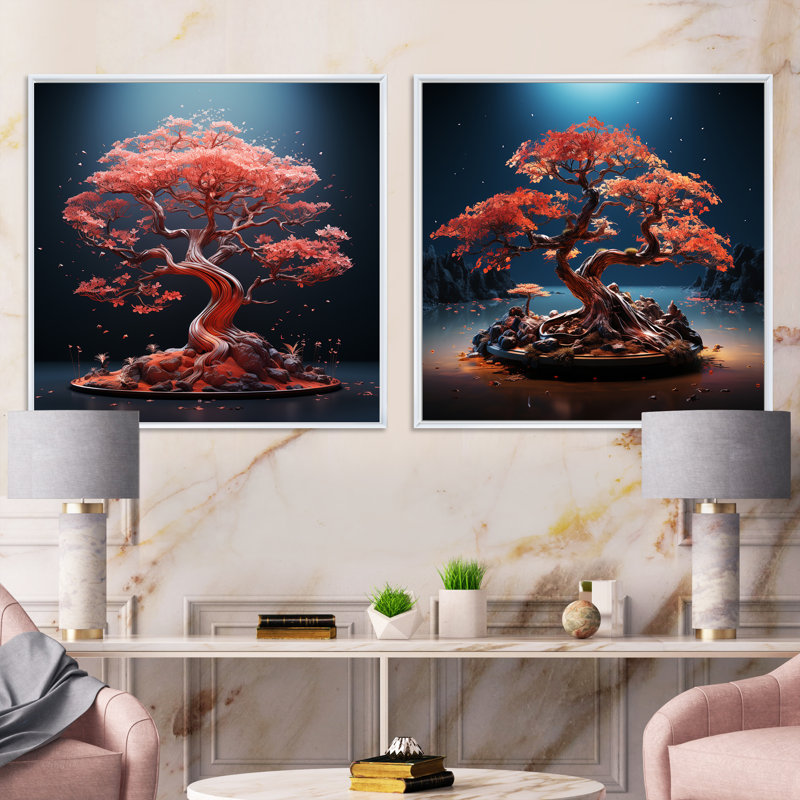 «Neon Coral Bonsai Euphoria», 2 pièces, H 16 po x l 33 po, Cadre blanc