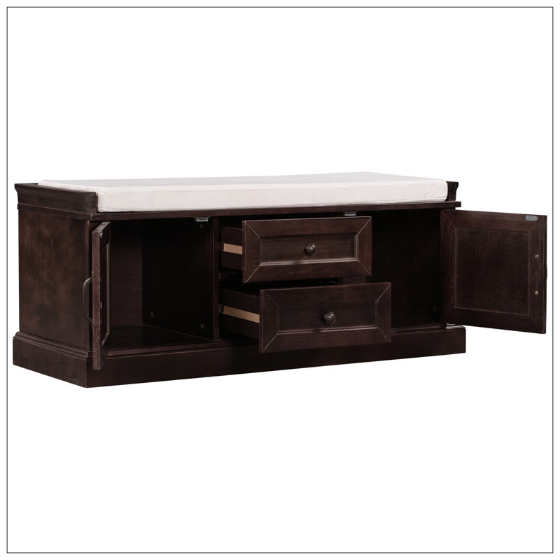 Storage Bench with 2 Drawers and 2 Cabinets, Shoe Bench with Removable Cushion, Espresso