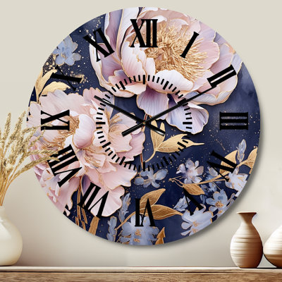 Pink Retro Peonies On Blue - Poppies Black Face Wall Clock