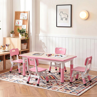Kids Table and 4 Chair Set, Height Adjustable Toddler Table and Chair Set, Non-Slip Legs, Graffiti Desktop, Large Children Activity Table