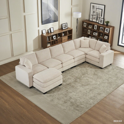 Modern U Shaped 6-seat Sectional Sofa Couch with one Ottoman and three toss pillows ,Modular Sofa for Living Room,Corduroy sofa