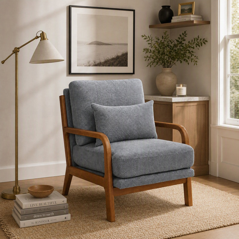 Méridienne en bois avec revêtement Nubby, accoudoirs en bois massif et mousse haute densité, Polyester gris clair