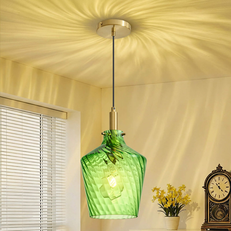 1 - Light Modern Pendant Light Fixture With Hammered Glass Shade For Kitchen Island, Green