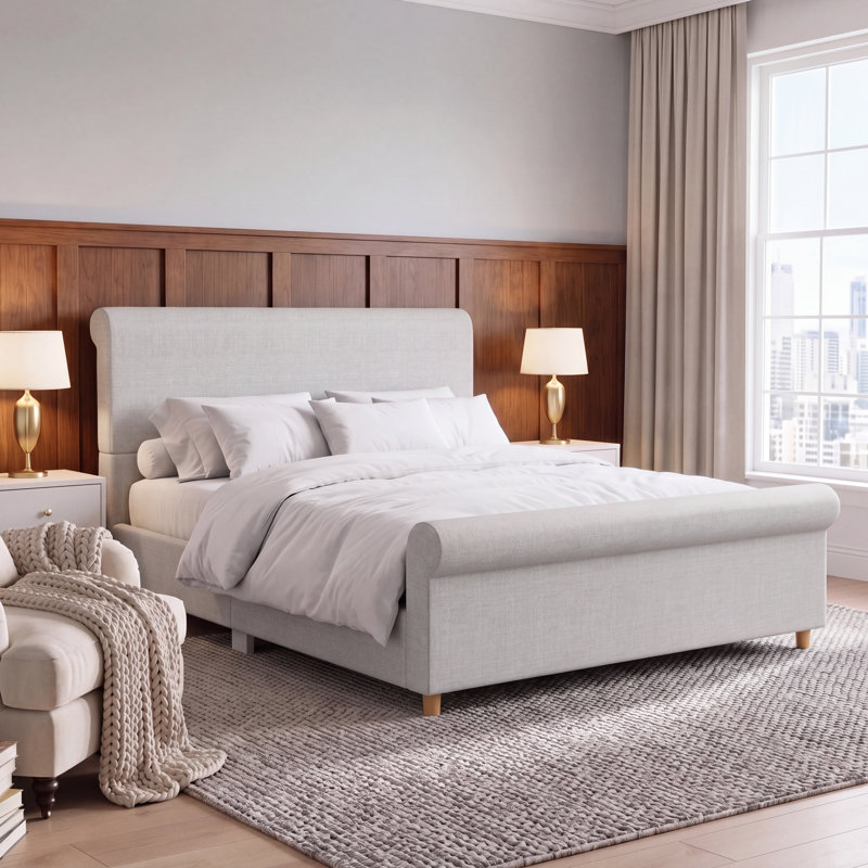 King Size Upholstered Bed Frame with High Headboard & Rolled Footboard, Très grand lit