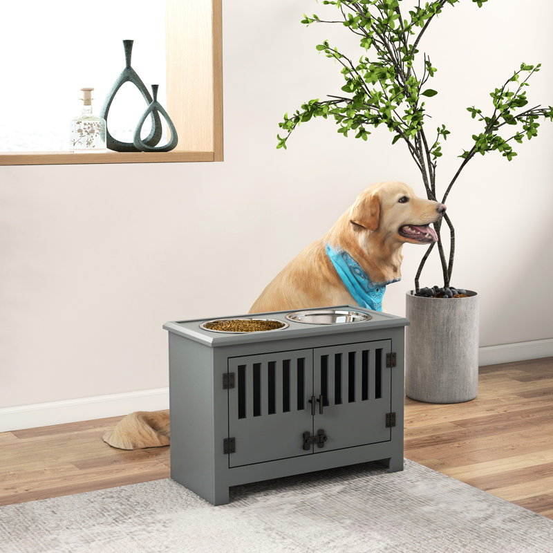 Grands bols pour chien surélevés avec rangement, gris - Armoire pour chien 37L