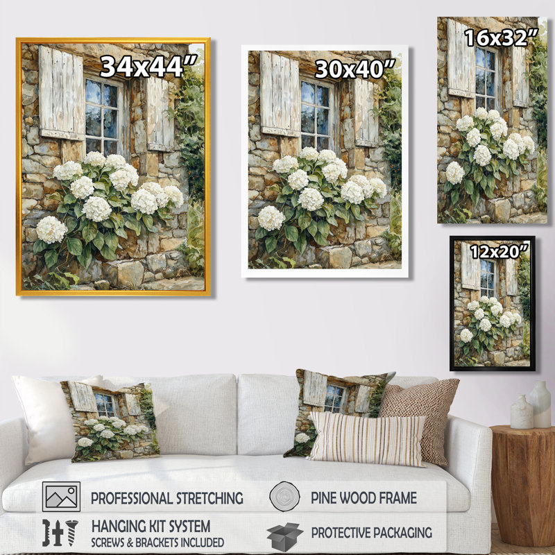 «Emert Hydrangeas In A Stone Cottage Garden I», art mural hortensias, Noir, Reproduction avec cadre flottant