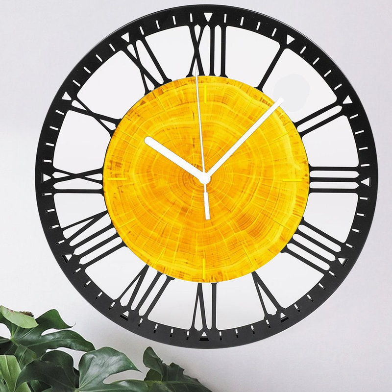 Horloge murale ronde en fer 10 po avec mouvement à quartz silencieux, chiffres romains, impression UV, Ton jaune