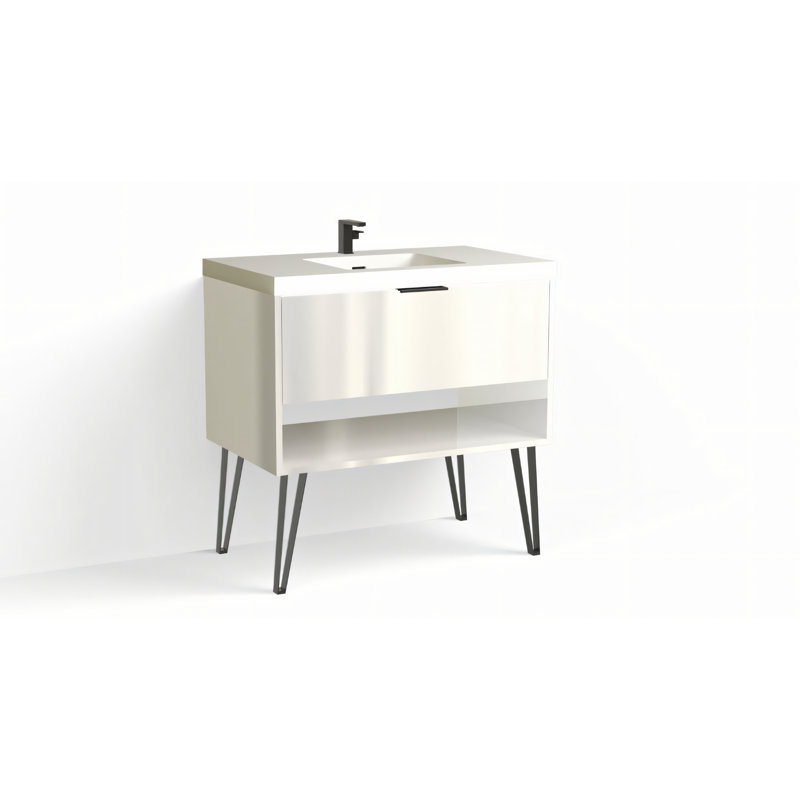 Modo 36" W Freestanding Single Bathroom Vanity with Dawson Leg, Matte Black, Matte White/Single, White Acrylic