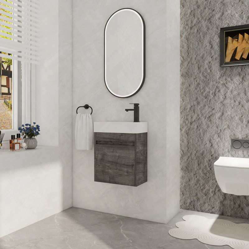 Porte de meuble-lavabo flottant mural en résine, Chêne gris carreauté
