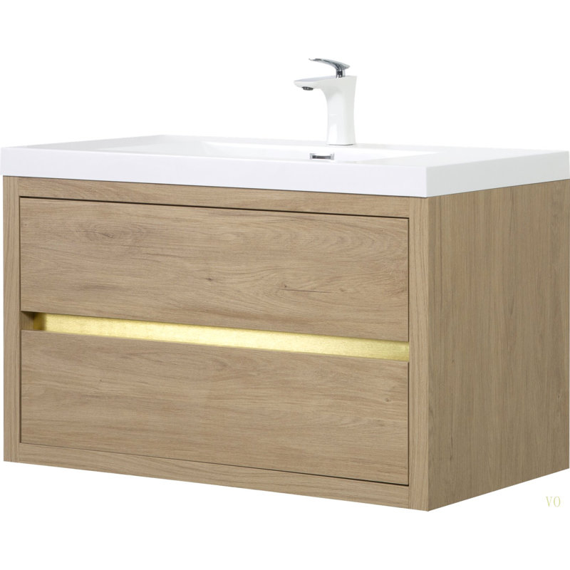 Meuble-lavabo mural 36 po avec lavabo, meuble de rangement flottant pour salle de bain avec comptoir en résine de pierre et tiroirs à fermeture en douceur