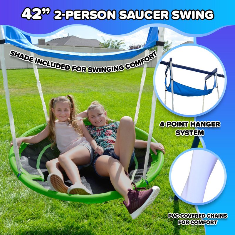 Blue Metal Outdoor Swing and Slide Set with Glider