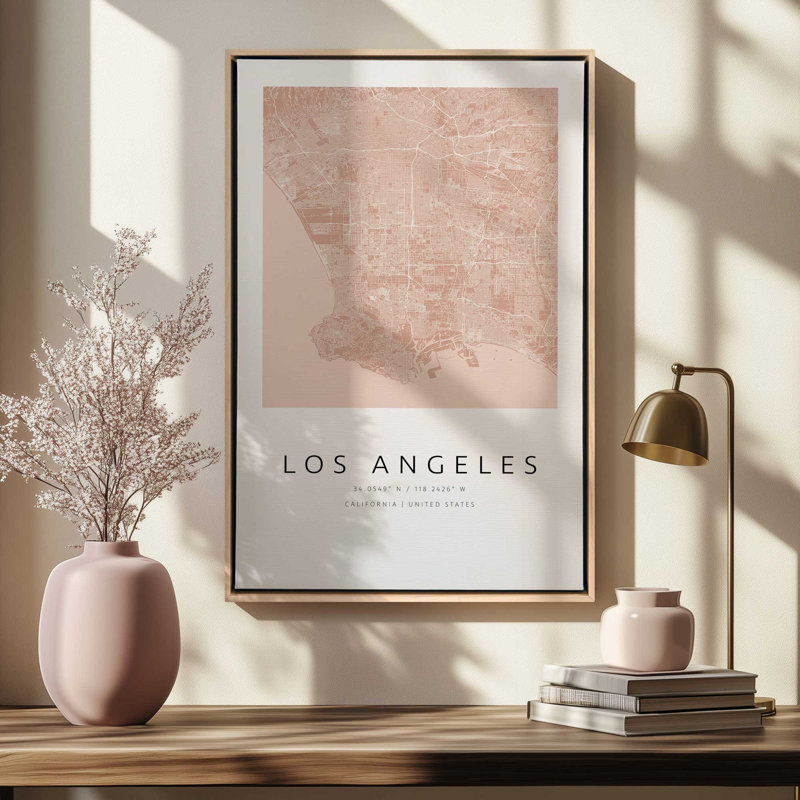 Los Angeles Street Map, reproduction d'art sur toile, Cadre flottant en noyer, 20 po x 30 po