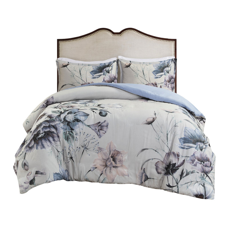 Housse de couette en coton très grand / très grand - Style chic décontracté avec imprimé floral captivant, 3 taies décoratives 1 et 2, Cravates d'angle à fermeture à boutons, Comfort 3 Look romantique multicolore