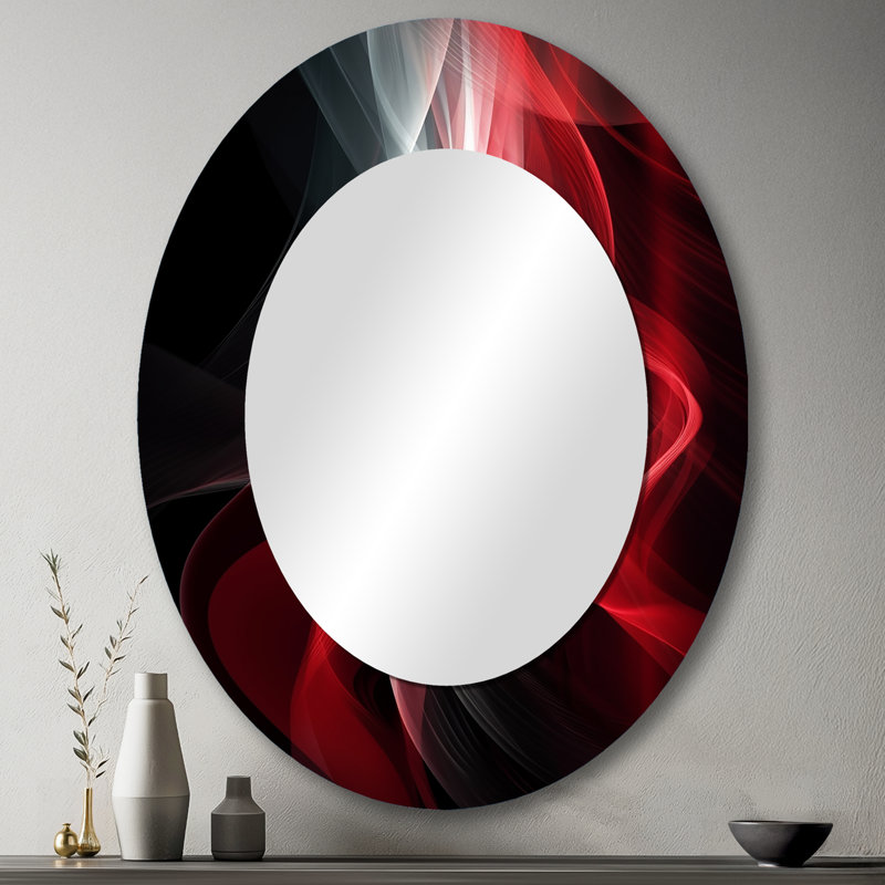 «Sosthina Red Black Contemplative Abstraction VI - Waves Unique Wall Mirror, Red, 40 po x 30 po, Ovale