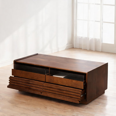 Rectangular Coffee Table for Living Room, Rich Brown with Tempered Glass, 47.2 Inches, 4 Drawers and 2 Shelves