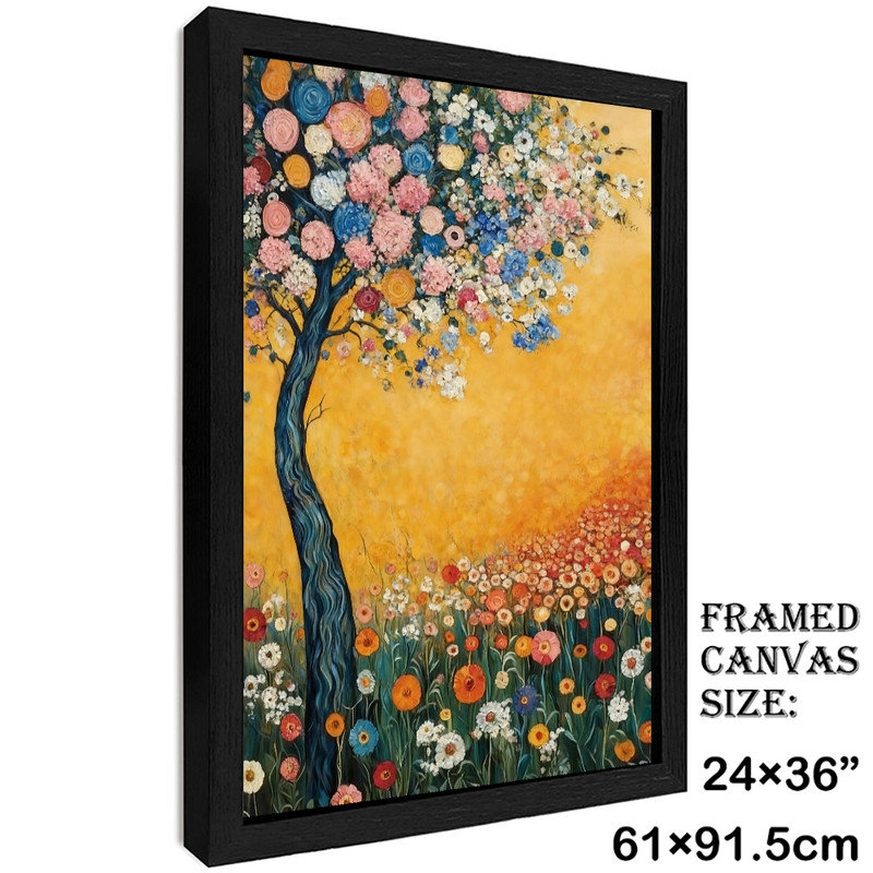 Art mural de style arbre floral noir encadré de style Gustav Klimt, H 37 po x l 25 po