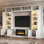 Meuble audio-vidéo de 114 po avec foyer électrique, tablettes à DEL et armoires de rangement, grande console murale avec foyer et télécommande