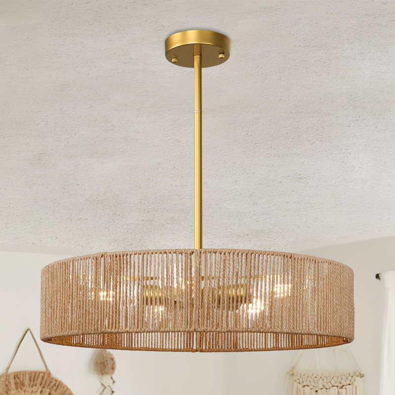 5-Light Bohemian Rattan Drum Chandelier, Gold