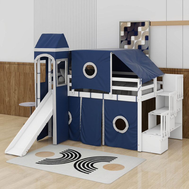 Lit mezzanine double avec tour et tente, Bleu