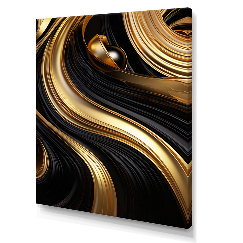 Abstrait or liquide et tourbillon noir I - spirales abstraites, art mural, H 40 po x l 30 po x P 1,5 po, Toile tendue