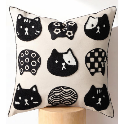 Embroidered Throw Pillow Cover 18x18 Inch, Cat Heads | Decorative Pillow Cover, Country Canvas Cushion Case with Hidden Zipper, Farmhouse Decor for Couch, Sofa, Living Room, Bed