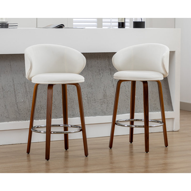 White Upholstered Counter Stools with Solid Wood Frame, Set of 2