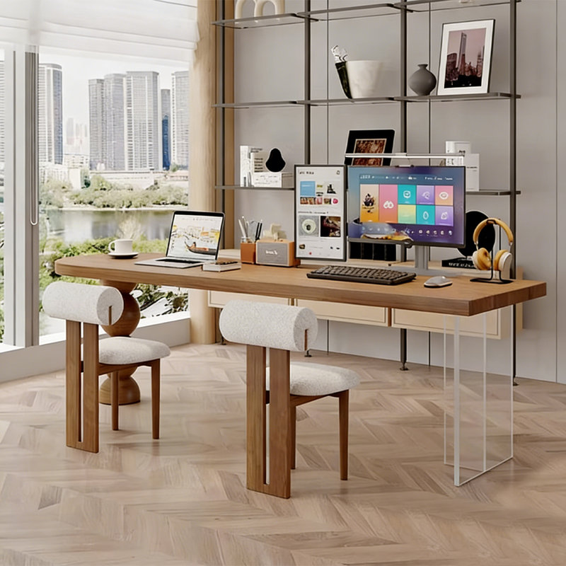 Bureau demi-cercle brun en bois massif acrylique, 29.53"H×55.12"L×23.62"W