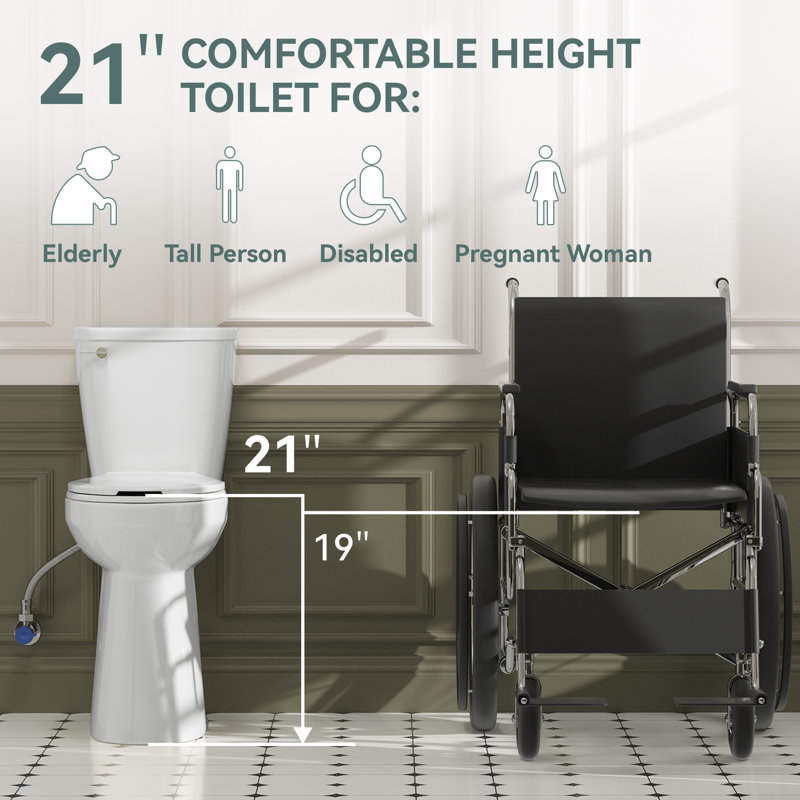 Elongated Two piece Toilet With Extra Tall Bowl, Powerful 1.28GPF Single Flush, Toilets For Seniors & Disabled