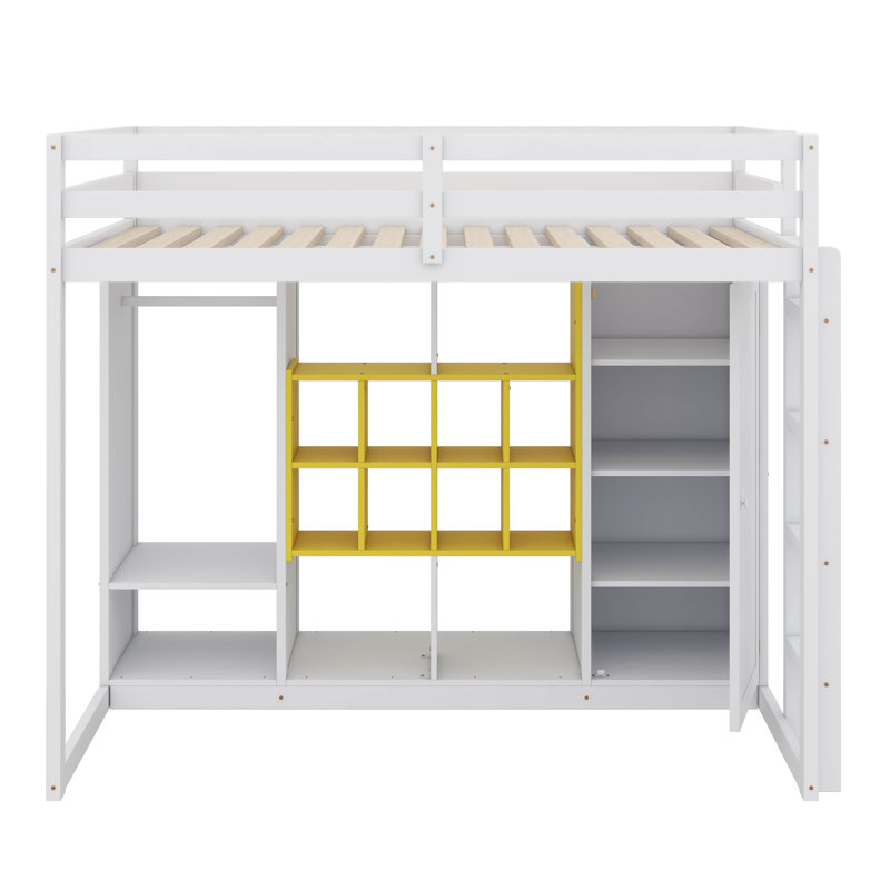 Lit mezzanine simple en bois avec garde-robe, tablettes, armoire et escalier intégrés, Blanc / jaune