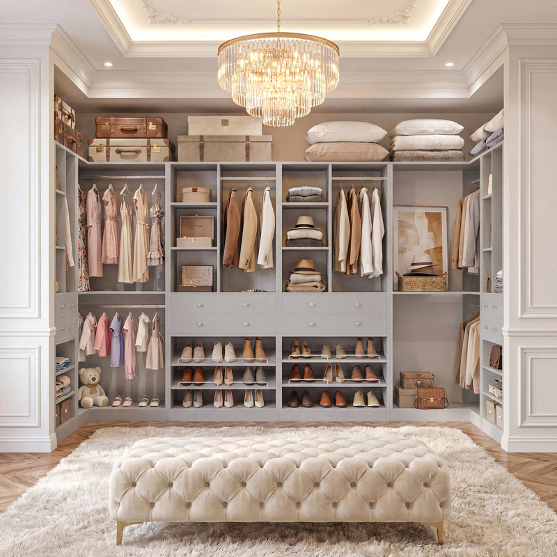 Navada Closet System with Wooden Drawers and Shoe Racks, Washed Oak